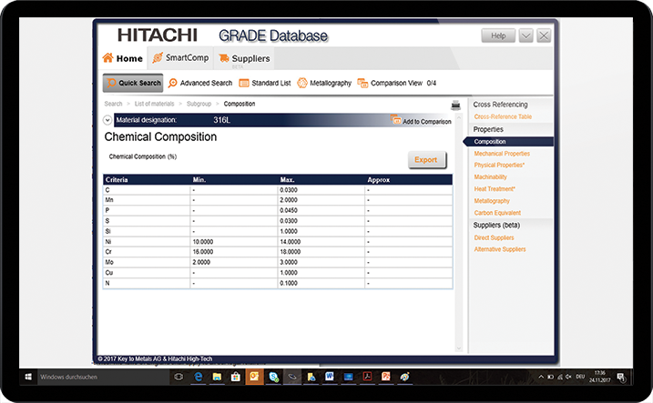 Hitachi GRADE Database: comprehensive metals database